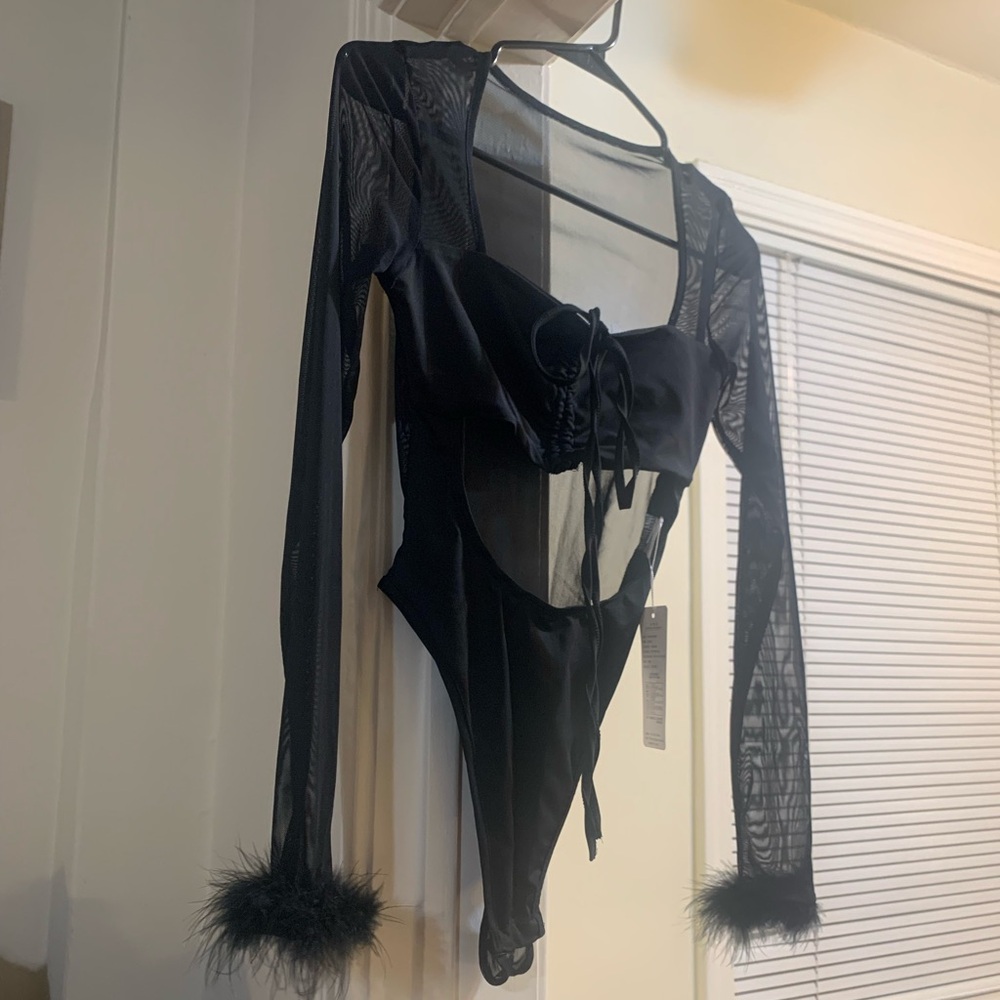 Black Sheer Fur Long Sleeve Bodysuit One Piece Onesie - Picture 2 of 8